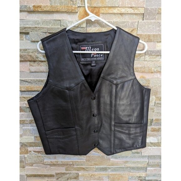Mega Force Genuine Leather Black Motorcycle Riding Vest Pockets Size 14 - Picture 1 of 5
